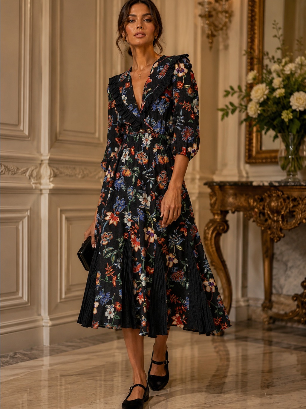 Hunter Bell Florence Multicolor Floral Ruffled V-Neck Woman’s Midi Dress
